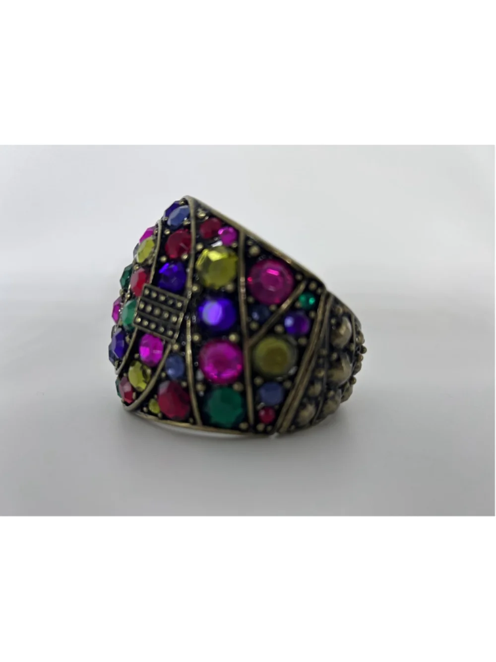 Bracelet Bronze Tone Multicolor Cuff Bohemian Rhinestone Glass Push Lock